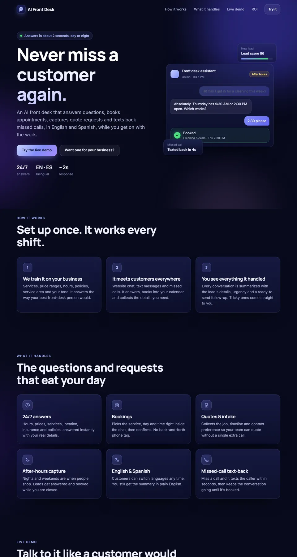 AI Front Desk demo home page