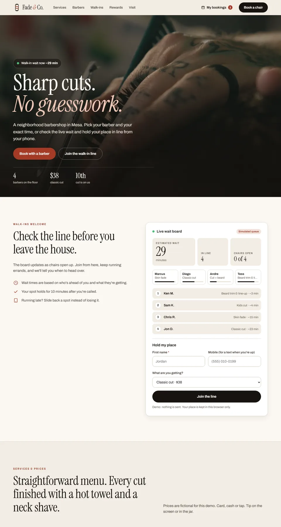 Fade & Co. Barbershop demo home page