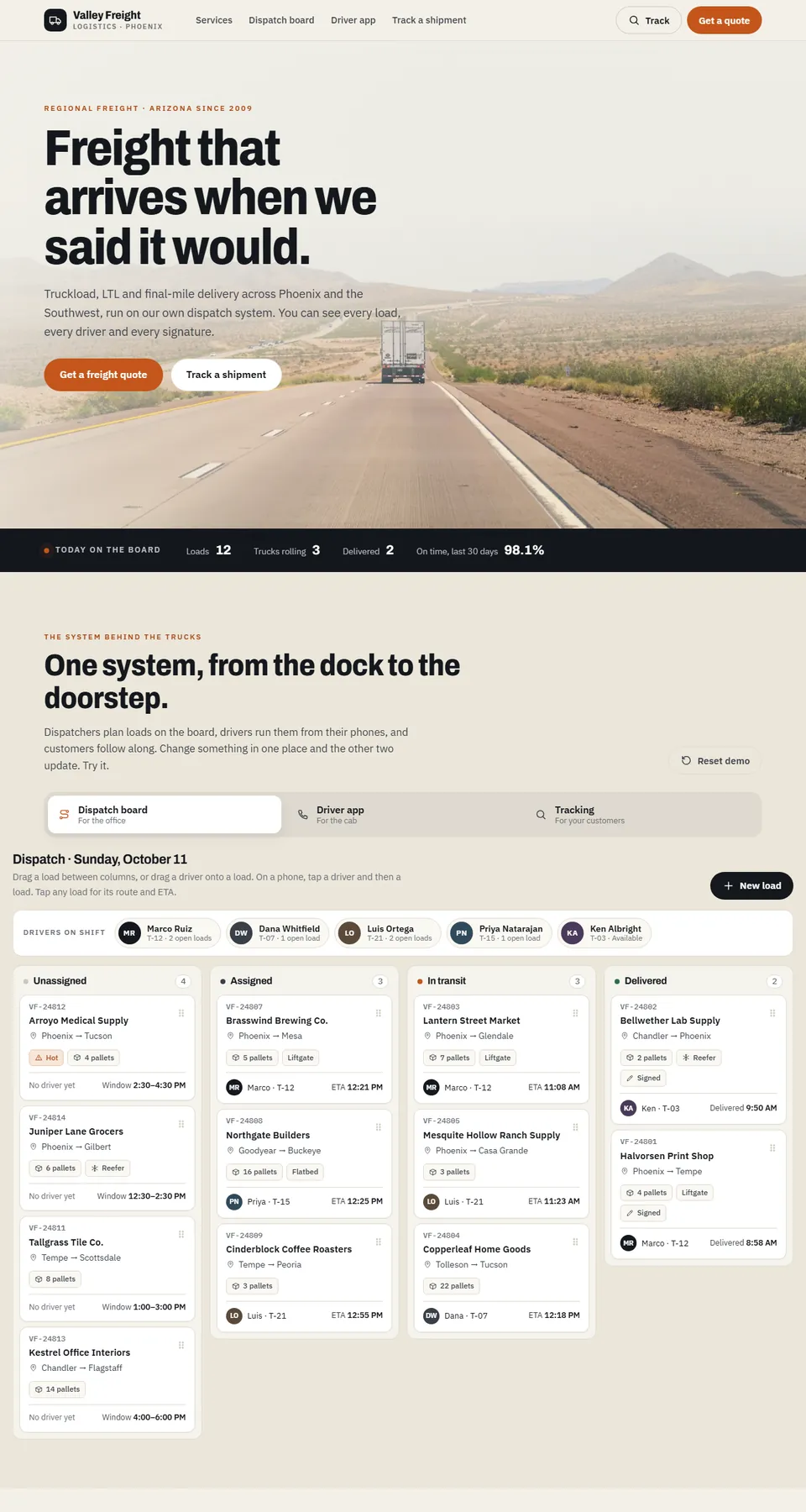 Valley Freight Logistics sample site home page