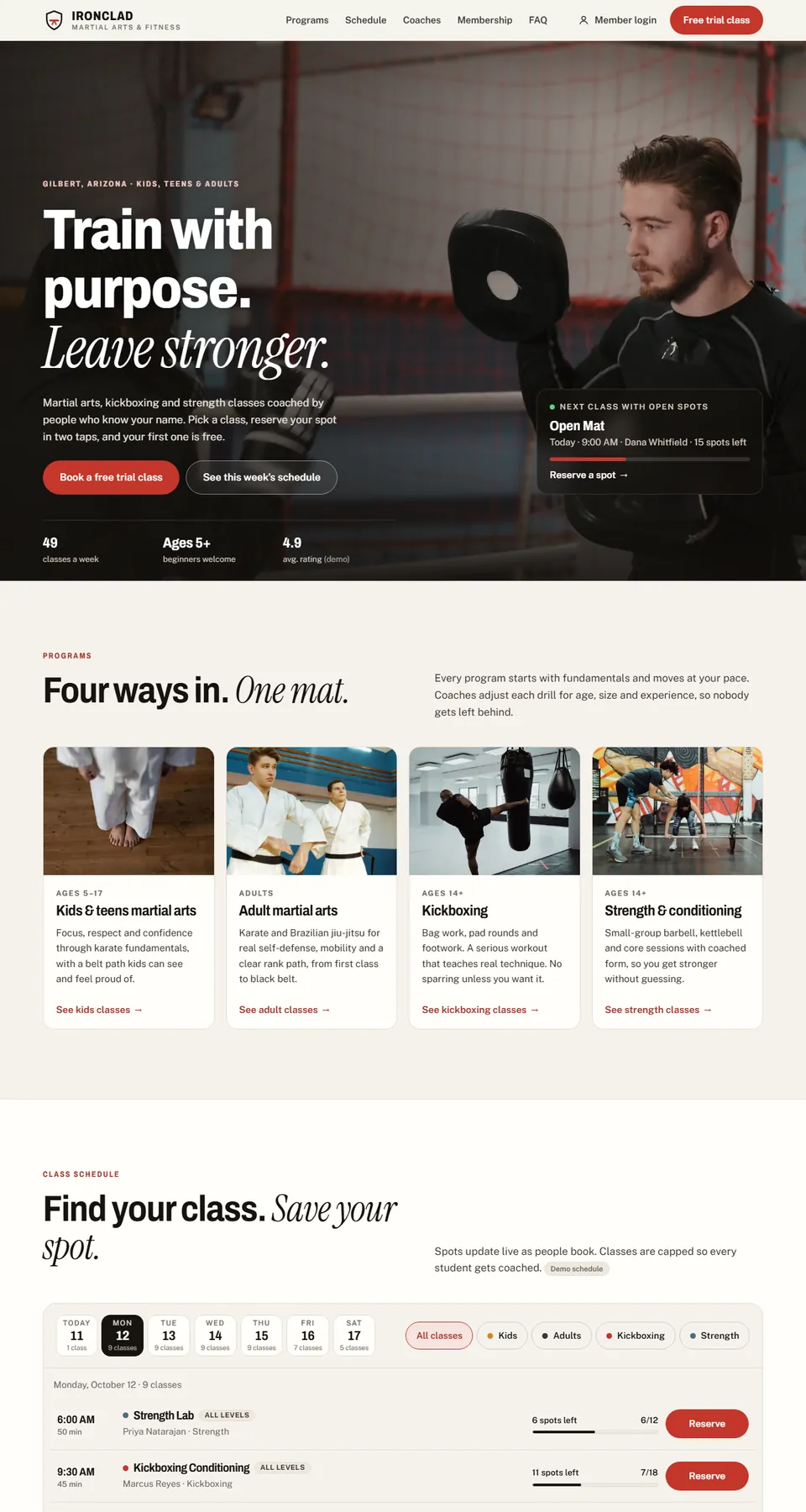 Ironclad Martial Arts & Fitness demo home page