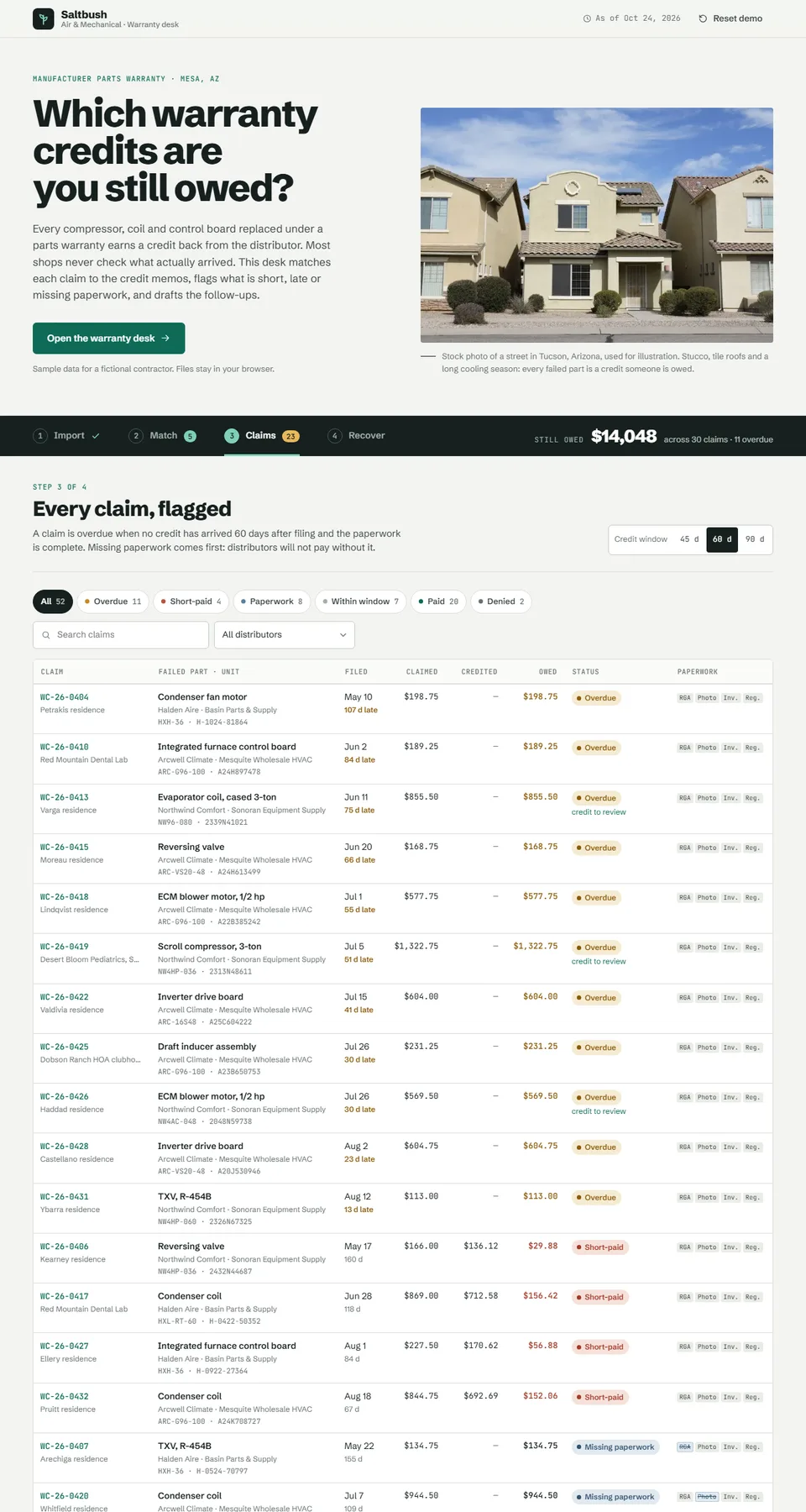 Saltbush Air & Mechanical warranty-credit tracker demo