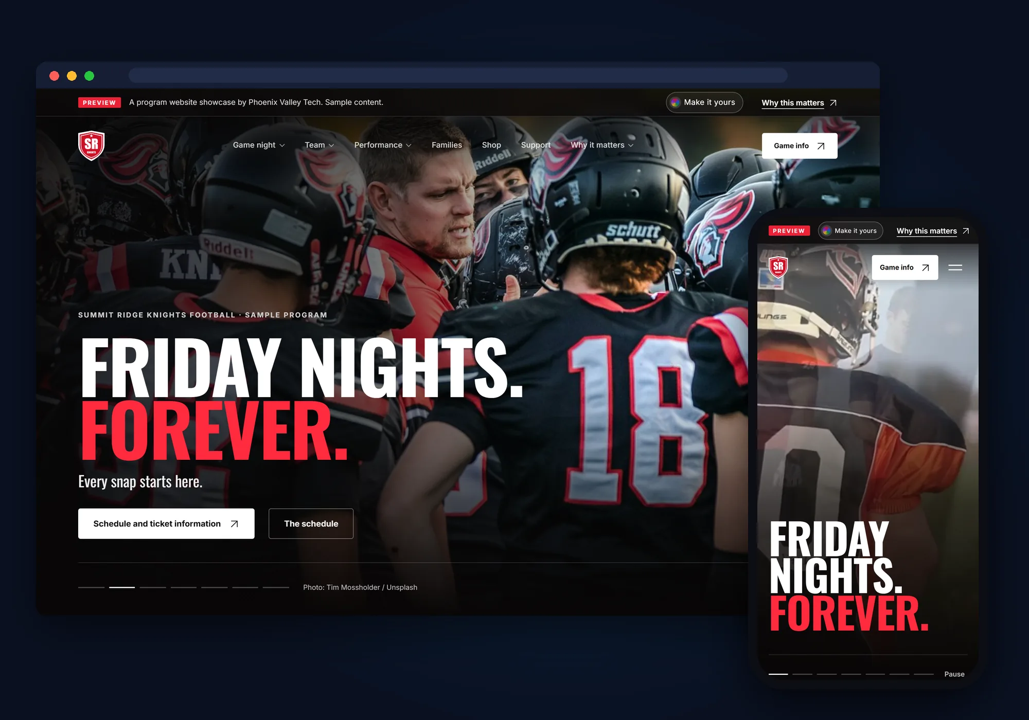 The Summit Ridge Football demo site on a laptop and a phone